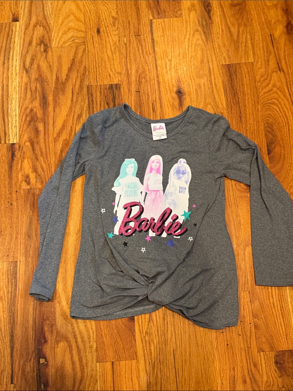 Barbie Gray Long Sleeve Twist Front Top with Colorful Graphic